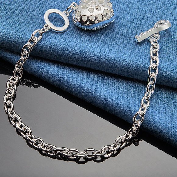 Toggle Key w/ Hollowed Heart Pendant Bracelet Stamped Solid Sterling Silver - Picture 5 of 6